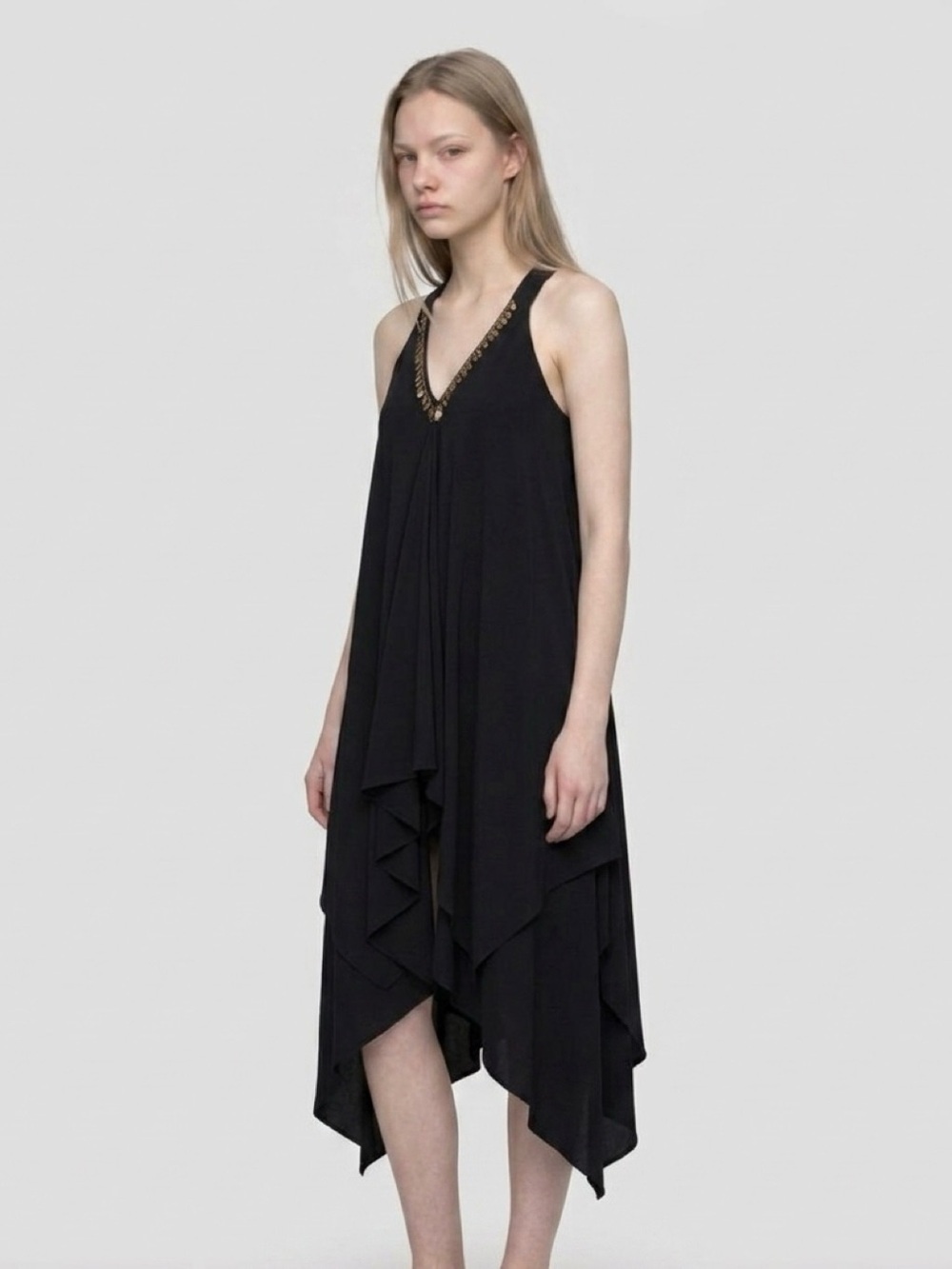SLNY Black V-Neck Asymmetrical Handkerchief Hem Dress with Gold Accents